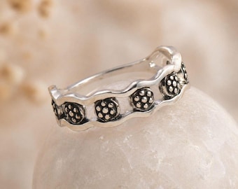 Anillo de plata de ley 925 con diseño de ondas punteadas, estilo bohemio vintage apilable.