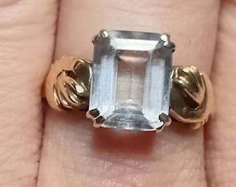 Anillo solitario vintage de mediados de siglo, de oro amarillo de 10k con cuarzo natural talla esmeralda, de la década de 1940, talla 6.