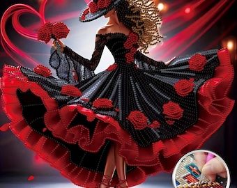 Flamenco Dancer Diamond Painting Kit, DIY Canvas Diamond Art, Red Black Spanish Dancer Wall Decor Craft Gift