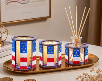 3 portavelas de madera con diseño de pintura de diamantes y mosaico de la bandera estadounidense: regalo conmemorativo del Día de la Independencia del 4 de julio.