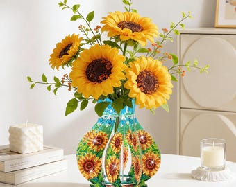 Portavelas de girasol con pintura de diamantes DIY, kit de arte en acrílico y cristal, centro de mesa decorativo hecho a mano, regalo único para la decoración del hogar.