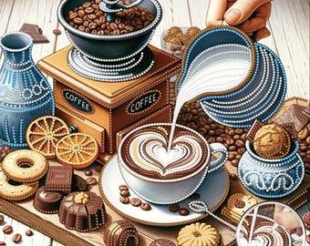 Coffee Diamond Painting Kit, Cafe Mosaic Art, Relaxing Craft (No Frame Included)