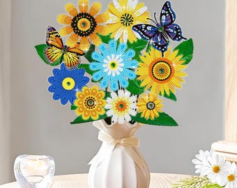 DIY Diamond Painting Flower Bouquet Kit, Acrylic Crystal Flower Decor, Faux Floral Arrangement, Butterfly Handmade Gift
