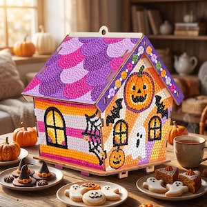 May include: A decorative wooden house featuring a diamond painting design with purple and pink scalloped roof tiles. The walls display Halloween motifs including a jack-o'-lantern, black bats, a white ghost, and a spider web with small pumpkins.