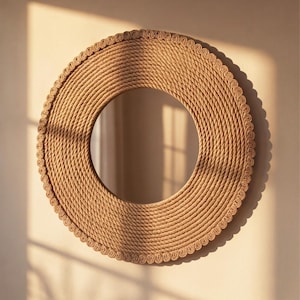 May include: A circular wall mirror featuring a wide frame constructed from coiled tan rope. The outer edge of the frame is finished with a decorative scalloped rope border, creating a textured, layered appearance around the central glass surface.