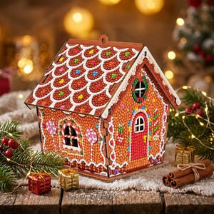 May include: A decorative gingerbread house ornament featuring a brown wooden structure adorned with colorful diamond-shaped beads. The roof has a scalloped pattern, and the walls include a red door, a window, and a green wreath detail.