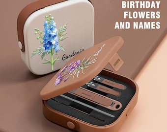Gepersonaliseerde manicureset, custom geboortebloemnaamontwerp, roestvrijstalen verzorgingsset