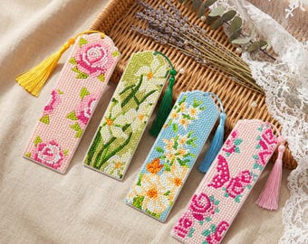 4Pcs Diamond Painting Bookmarks Kit, Acrylic Rhinestone Art Book Marks with Tassels, Handmade Reading Page Marker Gift Set