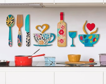 May include: A set of colorful kitchen-themed wall decals featuring a spoon, fork, knife, coffee cup with heart-shaped steam, a wine bottle, a wine glass, and a bowl with a heart icon. The designs include floral patterns in blue, orange, and red.