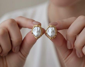 Irregular Pearl Stud Earrings | Gold-Tone Minimalist Jewelry
