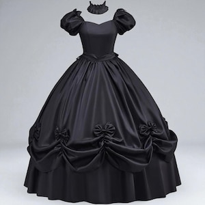 May include: A black ball gown with a sweetheart neckline, short puffed sleeves, and a matching choker. The full skirt features decorative bows and gathered fabric details. The dress is made of a shiny, satin-like material.
