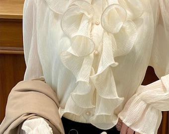 Autumn Vintage Lace Ruffle Blouse Women | Elegant White Chiffon Shirt | Long Puff Sleeve Loose Tops | Stand Collar Spring Fashion