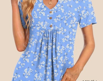 Womens Henley Tunic Top V Neck Pleated Blouse Loose Fit Casual Shirt