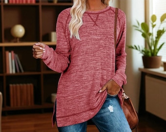 Long Sleeve Tunic Top: Soft Crewneck Pullover with Side Slits