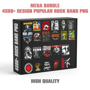 Op de afbeelding: Een zwarte doos met logo's van populaire rockbands zoals Oasis, Bon Jovi en AC/DC. De tekst "MEGA BUNDLE 4500+ DESIGN POPULAR ROCK BAND PNG" staat bovenaan, met "HIGH QUALITY" onderaan. De doos is gelabeld met "4500+ ROCK BAND PNG".