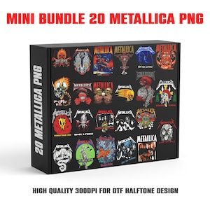 May include: A black box displaying 20 Metallica PNG designs. The designs showcase logos, album art, and graphics related to the band. Text on the box reads "MINI BUNDLE 20 METALLICA PNG" and "HIGH QUALITY 300DPI FOR DTF HALFTONE DESIGN."