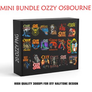 Puede incluir: Una caja rectangular negra que muestra una colección de 20 diseños gráficos de Ozzy Osbourne en varios colores. El texto MINI BUNDLE OZZY OSBOURNE, 20 OZZY PNG y HIGH QUALITY 300DPI FOR DTF HALFTONE DESIGN está impreso en y alrededor de la caja.