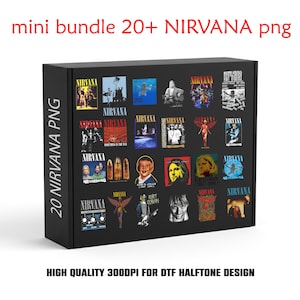 May include: A black rectangular box displaying a collection of twenty Nirvana graphic designs. The box features various band-related imagery, including album art, portraits of Kurt Cobain, and band logos. The text "mini bundle 20+ NIRVANA png" and "20 NIRVANA PNG" are visible.