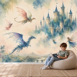 May include: A wall mural featuring a watercolor-style fantasy scene with a large castle, two dragons in flight, and several winged fairies. The artwork displays soft blue, pink, and cream tones, depicting a landscape with mountains and a bridge.
