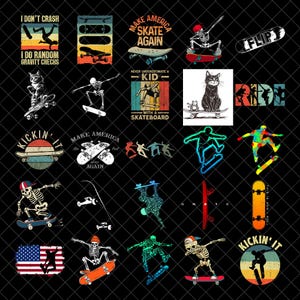 Puede incluir: Colección de gráficos con temática de skate. Los diseños incluyen texto como "I don't crash" y "Make America Skate Again", junto con ilustraciones de esqueletos, gatos y patinadores. La paleta de colores incluye rojo, azul, naranja y verde.
