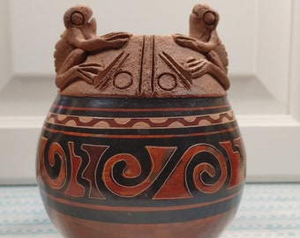 Vintage Native Artisan Clay Pottery Pot Hand Painted With Carved Designs And Hand Crafted  Frogs Cottage Core Boho Decor