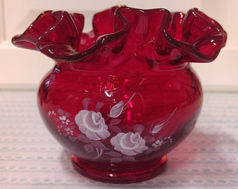 Fenton Ruby Red Ruffled Edge Glass Bowl With White Hand Painted Flowers Hand Painted By Debi L