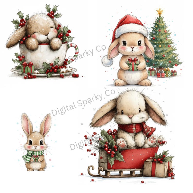 25 Whimsical Christmas Bunny Clipart Set, Watercolor Rabbit Pngs ...