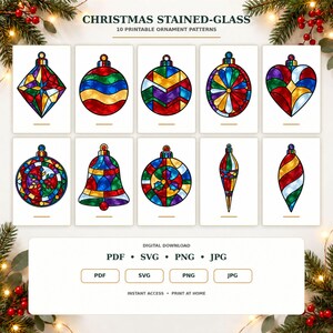 Puede incluir: Un conjunto de descarga digital de 10 patrones de adornos navideños de vidrieras con varias formas como esferas, corazones y campanas con diseños geométricos coloridos. El texto dice CHRISTMAS STAINED-GLASS 10 PRINTABLE ORNAMENT PATTERNS.