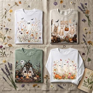 Puede incluir: Cuatro camisetas etiquetadas A, B, C y D. La camiseta A es blanca con un fantasma en un campo de flores silvestres. La B es beige con esqueletos y fantasmas en un tendedero. La C es verde salvia con fantasmas y la D es de color blanco.