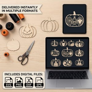 Puede incluir: Una colección de diseños de calabazas de Halloween con formas de madera cortadas con láser, unas tijeras y carretes de hilo. Un portátil y una tableta muestran archivos digitales con varias ilustraciones de calabazas y el texto BOO.