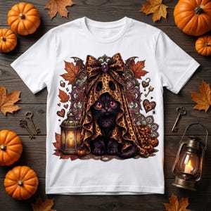 Puede incluir: Una camiseta blanca con el gráfico de un gato negro que lleva una capucha con estampado de leopardo y un lazo grande. El diseño incluye hojas de arce otoñales, un farol encendido, calabazas pequeñas y elementos decorativos en marrón y naranja.