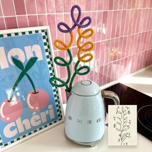 Puede incluir: Un hervidor eléctrico azul claro con asa metálica y la marca SMEG en letras plateadas. Un adorno tejido en espiral de colores morado, amarillo y verde está insertado en la parte superior. Se observa una lámina de cerezas y un diagrama numerado.