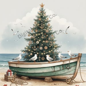 May include: Watercolor illustration of a Christmas tree decorated with nautical ornaments, set inside a teal boat on a sandy beach. Seagulls perch on the boat's edge, with the ocean and sky in the background.