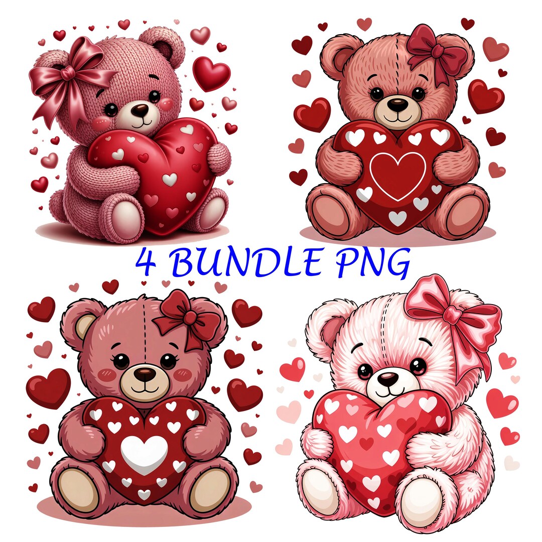 Valentine Teddy Bear PNG Bundle, Cute Bear With Heart PNG, Love Bear ...