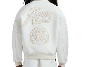 Men's Avirex White Cowhide Leather Bomber Jacket: Gold Club Embroidered