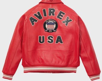 Handmade Avirex Red Cowhide Leather Bomber Jacket Iconic Military Style biker Racing jackets
