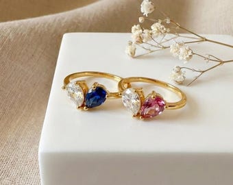 Anillo de oro de 18 quilates con piedra de nacimiento de corazón, anillo con dos piedras de nacimiento, joyería familiar personalizada con piedra de nacimiento, regalo para mamá y abuela, regalo de Navidad.