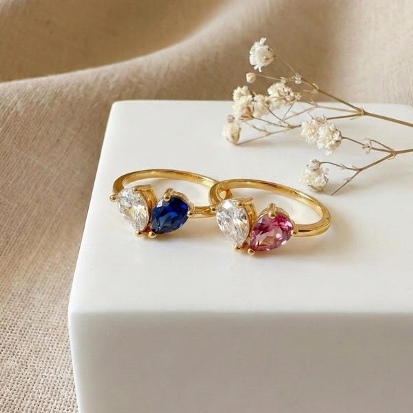 Aangepaste 18 kt gouden hart geboortesteen ring, 2 geboortesteen ring, gepersonaliseerde familie geboortesteen sieraden cadeau voor moeder oma, kerstcadeau