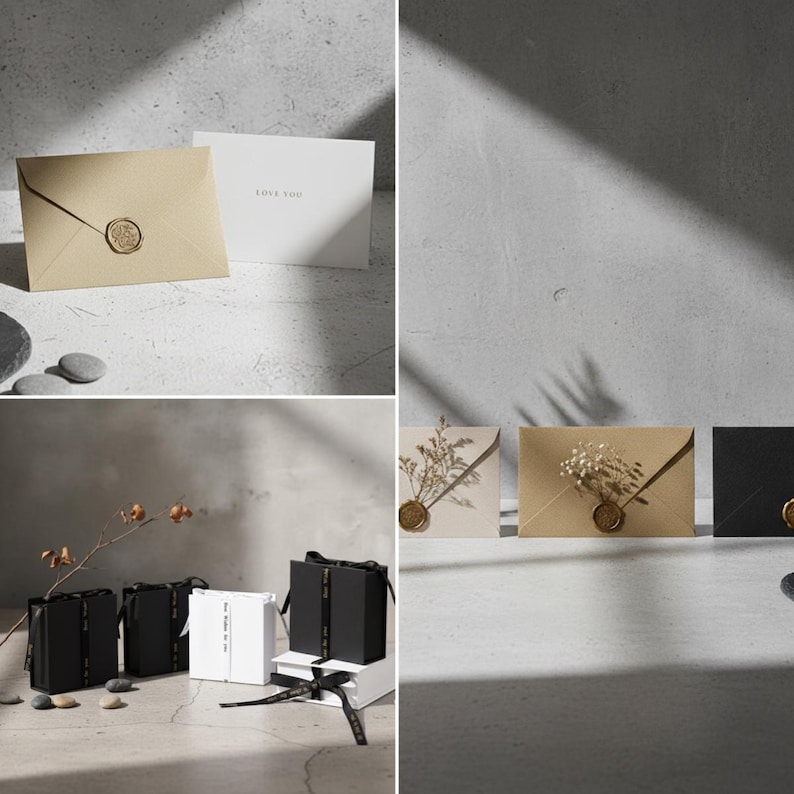 May include: An assortment of stationery items, including envelopes with wax seals and cards. The envelopes are in tan, white, and black. Gift boxes in black and white with black ribbon are also present. The text "LOVE YOU" is visible on one card.