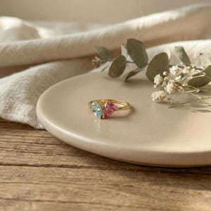 May include: A gold ring featuring two heart-shaped gemstones, one light blue and one pink. The ring is displayed on a beige plate with a sprig of white flowers and greenery. The ring is a piece of jewelry.