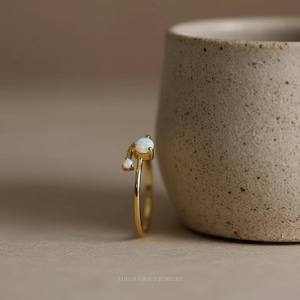 Raw Australian Opal Open Ring, Minimalist Adjustable 2 Opal Ring, Dainty 18K Gold Stacking Opal Ring, October Birthstone Birthday Gift