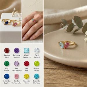 May include: Gold ring with two heart-shaped gemstones, one light blue and one pink. The image also shows a chart of birthstones, including garnet, amethyst, aquamarine, and diamond. The ring is displayed on a neutral background.