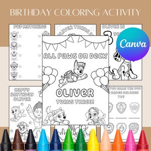 以下が含まれることがあります： パウ・パトロールのキャラクターが登場する誕生日ぬりえセット。「BIRTHDAY COLORING ACTIVITY」と「OLIVER TURNS THREE!」の文字が入った複数のぬりえページとクレヨンが含まれています。
