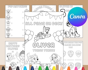 Puppy Themed Birthday Coloring Pages | Customizable Birthday Activity | PAW-ty Pup Party | Editable Canva Template