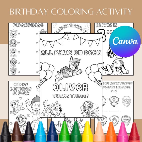 Puppy Themed Birthday Coloring Pages | Customizable Birthday Activity | PAW-ty Pup Party | Editable Canva Template