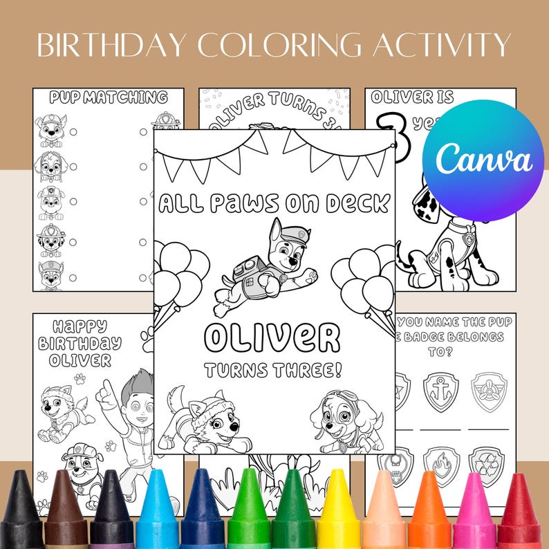 以下が含まれることがあります： パウ・パトロールのキャラクターが登場する誕生日ぬりえセット。「BIRTHDAY COLORING ACTIVITY」と「OLIVER TURNS THREE!」の文字が入った複数のぬりえページとクレヨンが含まれています。