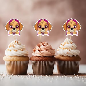 May include: Three cupcakes with character toppers. The cupcakes have white and chocolate frosting, and are decorated with gold sprinkles. Each cupcake is topped with a Skye character from Paw Patrol.
