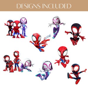 May include: A selection of cartoon Spider-Man character designs in different poses. The characters are in red, black, blue, and white, with large eyes and stylized features. The text "DESIGNS INCLUDED" is at the top.