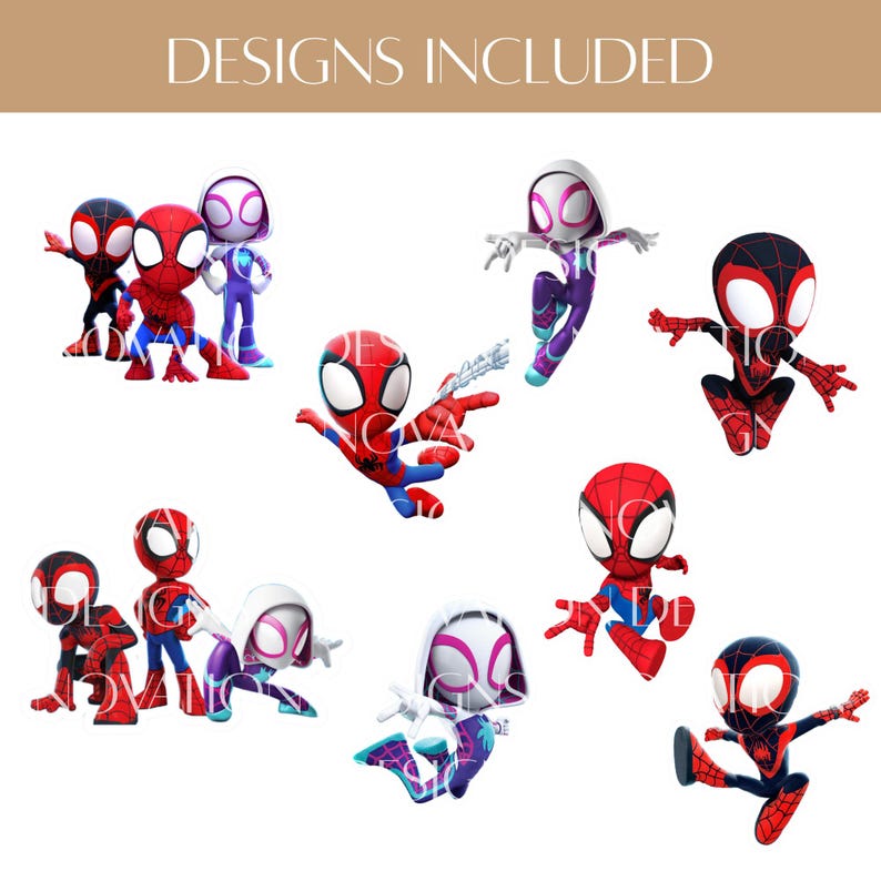 May include: A selection of cartoon Spider-Man character designs in different poses. The characters are in red, black, blue, and white, with large eyes and stylized features. The text "DESIGNS INCLUDED" is at the top.