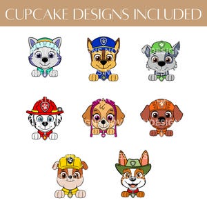 May include: A collection of cartoon dog characters, each with unique outfits and expressions. The image includes the text "CUPCAKE DESIGNS INCLUDED" at the top. The dogs are in various colors, including blue, brown, and red, and are likely intended for cupcake decorations.